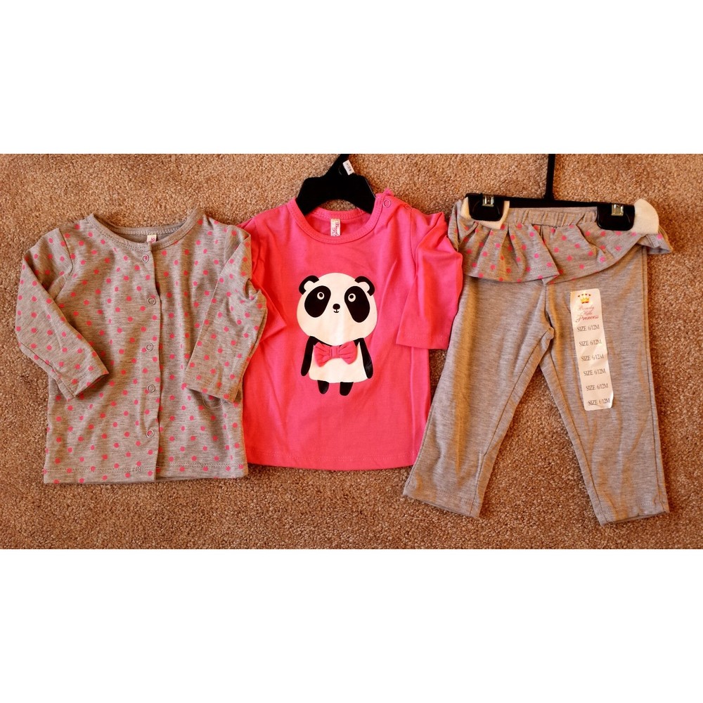 NWT Girl's Size 6-9-12 M Months 3P Gray Polka Dot Cardigan, Panda Top & Leggings